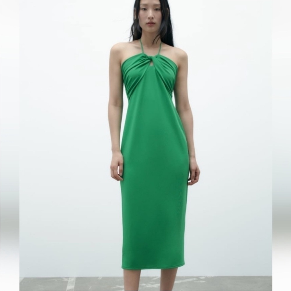 Zara Green Twist Front Halter Sleeveless Midi Seersucker Slip Dress NWT Large